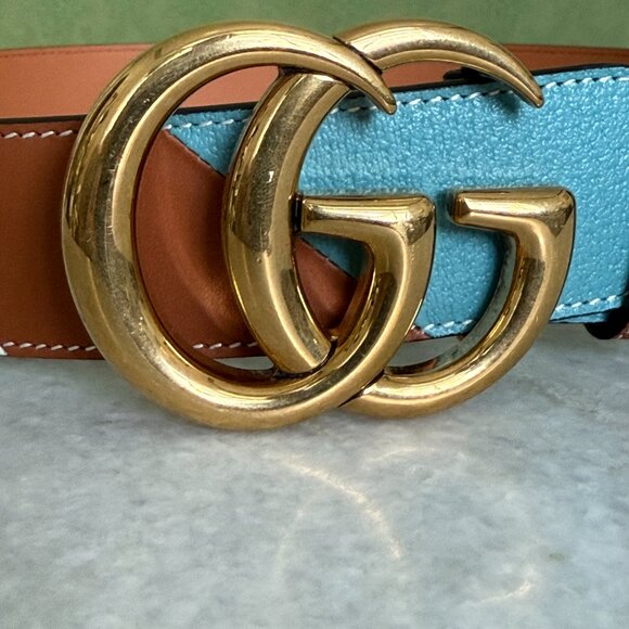 Gucci Calfskin Leather Belt Unisex GG Marmont 85cm Gold Double G 400593 - Picture 5 of 14